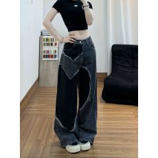 美式复古毛边爱心拼接撞色牛仔裤女春季新款设计感宽松直筒阔腿裤