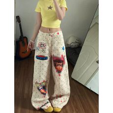 批发美式复古彩绘数码打印波点<b class='q'>牛仔裤</b><b class='q'>女</b>春季2026新款设计感<b class='q'>直筒</b>休闲裤