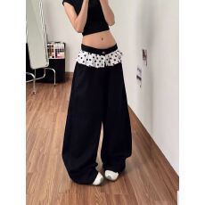 批发韩系波点拼接黑色<b class='q'>直筒</b>休闲裤<b class='q'>女</b>夏季设计感假两件芭蕾风宽松阔腿<b class='q'>裤</b>