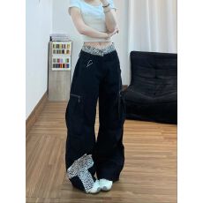 批发美式街头豹纹拼接工装牛仔裤<b class='q'>裤子</b>女款2026夏季新款十字架弯刀长裤