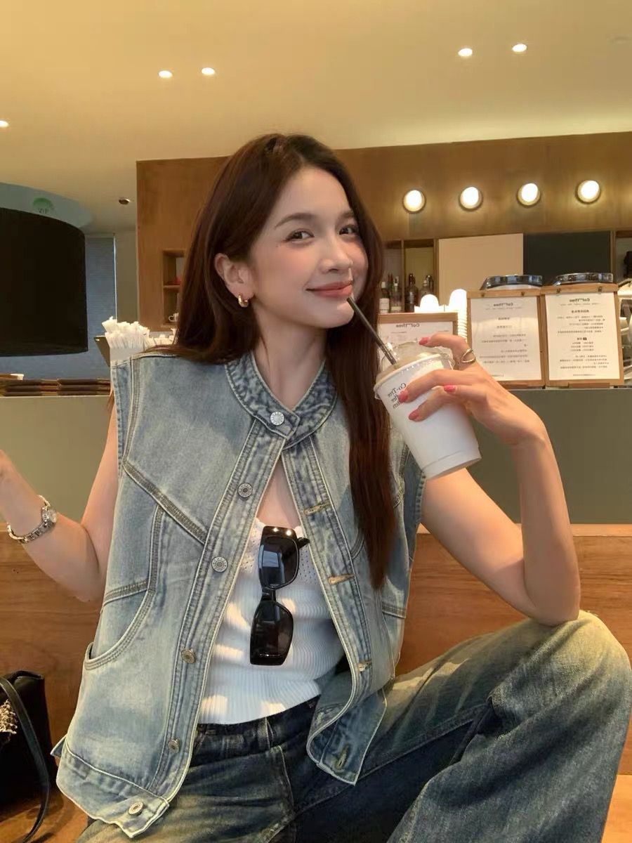 패션 데님 조끼 여자 세련된 외국 가스 2026 봄 가을 새로운 어깨 조끼 자켓 다용도 맨위 외출용