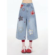 批发星星贴布满印七分裤女夏季小个子宽松显瘦阔腿百搭短裤