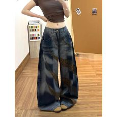 批发美式复古豹纹<b class='q'>牛仔裤</b>裤子女款2026夏季新款撞色复古设计阔腿裤长裤
