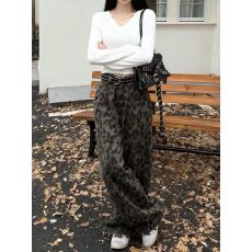 批发美式复古豹纹弯刀牛仔裤女辣妹<b class='q'>高腰</b>宽松廊型阔腿拖地长裤潮
