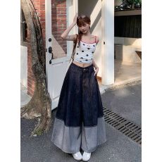 批发美式拼接牛仔裙裤女夏季新款宽松廓形九分阔腿裤