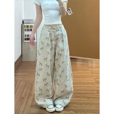批发美式复古小马提花高腰牛仔<b class='q'>裤</b>夏季新款设计感宽松显瘦直筒长<b class='q'>裤</b>
