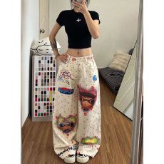 批发波点牛仔裤女2026夏季新款潮流彩绘数码打印个性小众休闲阔腿<b class='q'>长裤</b>