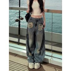 批发美式复古水洗蓝色破洞阔腿牛仔裤女辣妹<b class='q'>高腰</b>宽松显瘦拖地裤