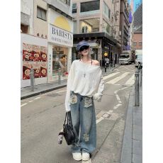 批发蓝色磨白破洞牛仔裤女夏季辣妹复古显瘦<b class='q'>阔腿裤</b>弯刀长裤