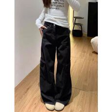 批发美式复古工装风黑色直筒牛仔裤女<b class='q'>高腰</b>宽松显瘦休闲阔腿长裤