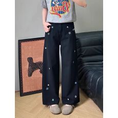 批发黑色星星刺绣阔腿牛仔裤女韩系设计感<b class='q'>高腰</b>宽松显瘦小个子直筒长裤