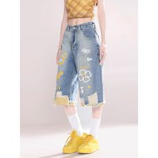 批发美式多巴胺卡通印花破洞七分牛仔<b class='q'>裤</b>女夏季设计感过膝中<b class='q'>裤</b>阔腿短<b class='q'>裤</b>