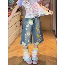 批发美式卡通涂鸦破洞印花牛仔七分中<b class='q'>裤</b>女2026夏季新款复古休闲短<b class='q'>裤</b>潮