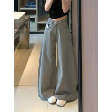 批发美式复古灰色直筒牛仔裤女2026夏季<b class='q'>高腰</b>宽松百搭拖地<b class='q'>阔腿裤</b>