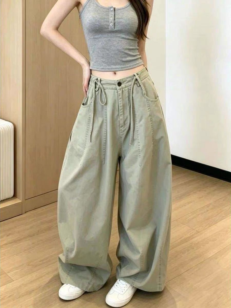 아메리칸 레트로 펌프 로프 워크웨어 청바지 여성 핫걸 루즈핏 다용도 캐주얼 한 마디 대 와이드 레그 팬츠 트렌디
