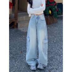 批发美式复古做旧浅色工装牛仔裤女<b class='q'>高腰</b>宽松直筒显瘦百搭<b class='q'>阔腿裤</b>