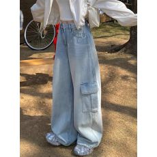 批发美式复古浅色做旧工装牛仔裤女<b class='q'>高腰</b>宽松显瘦百搭阔腿拖地裤