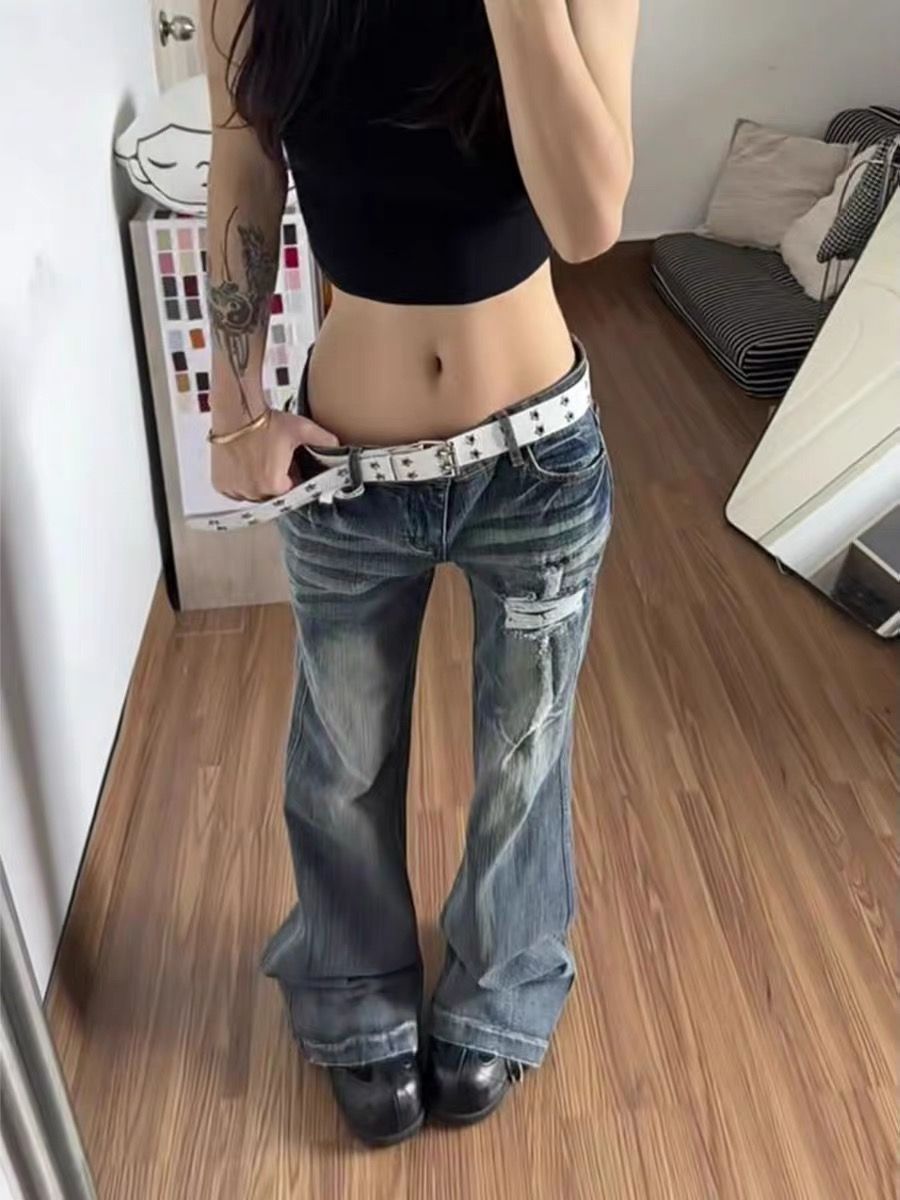 아메리칸 레트로 디자인 센스 이중층 주머니 십자가 청바지 아이들 핫걸 몸매 가꾸기 슬림해 보이는 찢어진 부분 나팔 바지