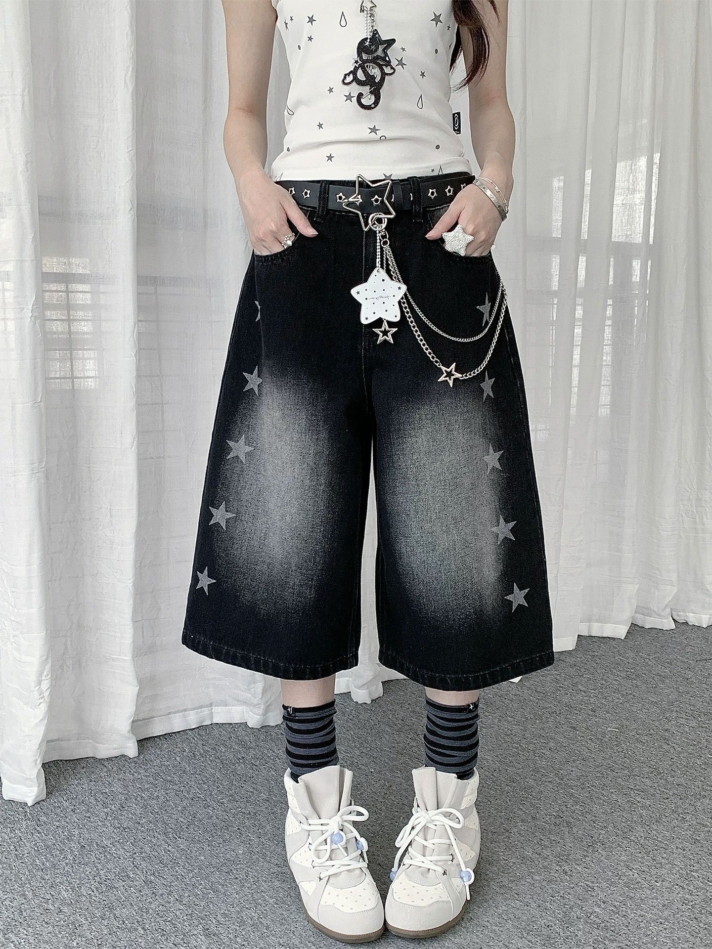 아메리칸 별 프린트 워싱 데님 7부 바지 여성 y2k 루즈핏 슬림해 보이는 넓은 다리가 짧다. 바지 바지