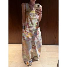 批发涂鸦印花阔腿直筒牛仔<b class='q'>背带裤</b>女夏季韩系设计感时尚宽松长裤