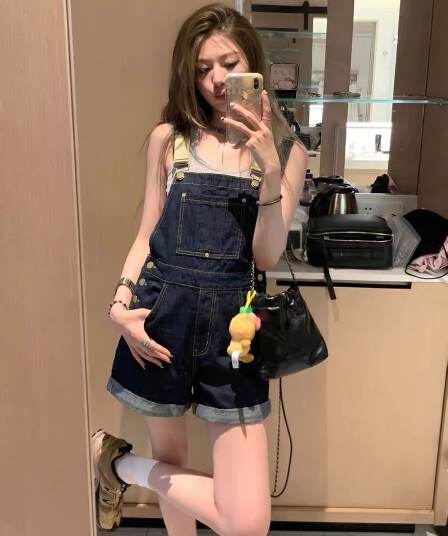아메리칸 레트로 데님 멜빵 바지 여성 여름 얇은 스타일 작은 키 루즈핏 슬림해 보이는 연령 감소 학생 하이웨이스트 올인원 반바지