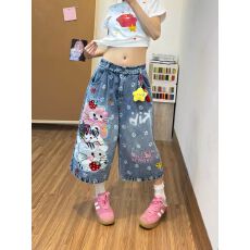 批发卡通猫咪印花七分<b class='q'>裤</b>牛仔<b class='q'>裤</b><b class='q'>裤</b>子女款2026夏季新款宽松休闲阔腿短<b class='q'>裤</b>