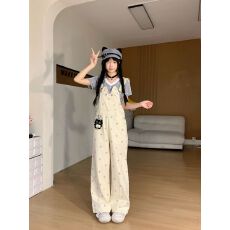 批发复古小猫星星印花宽松直筒背带<b class='q'>裤</b>女减龄休闲长<b class='q'>裤</b>