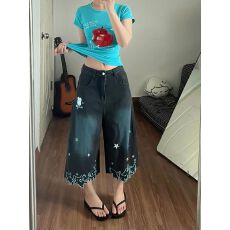 批发黑色牛仔裤<b class='q'>女</b>夏季2026新款美式复古星星小猫刺绣小众阔脚七分裤子