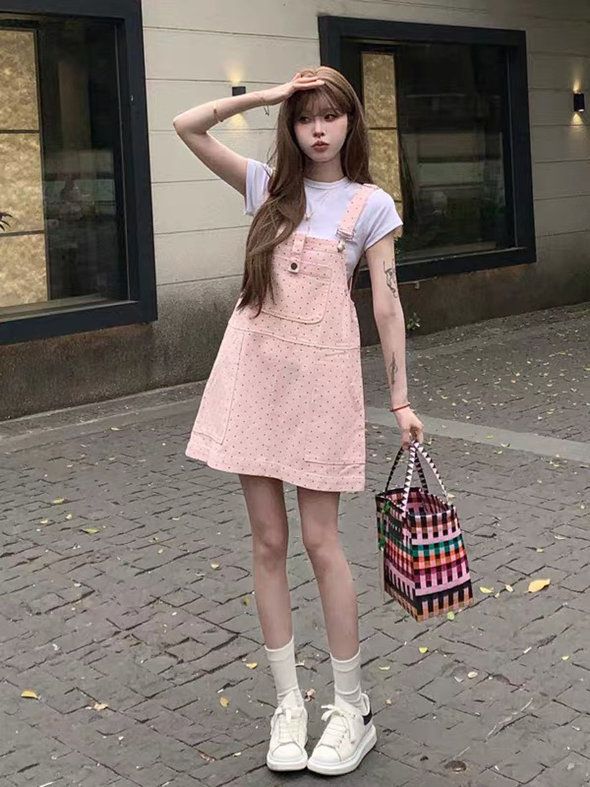 데님 다용도 여름 여성 의류 가슴 주머니 연령 감소 도트 무늬 멜빵 스커트 허리 수축 드레스 하이웨이스트 슬림해 보이는