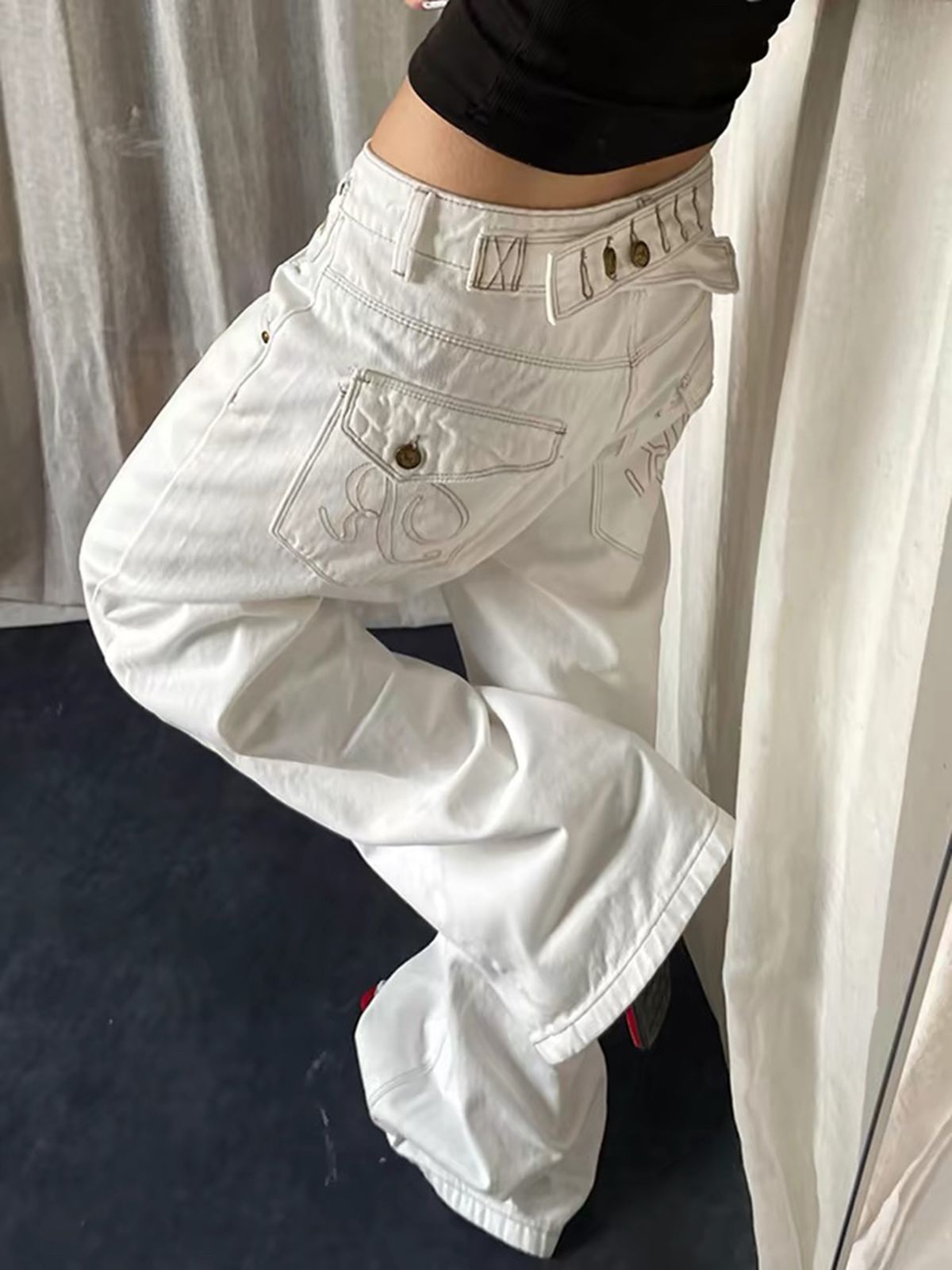 아메리칸 핫걸 루즈핏 느긋한 느슨함 센스 청바지 아이들 여름 새로운 파리 조정 버클 디자인 바닥 청소 바지