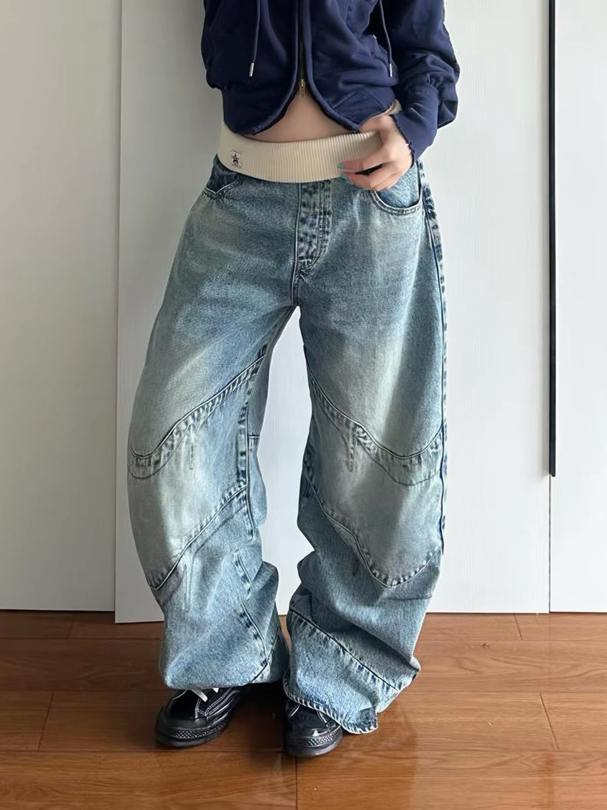아메리칸 높음 거리 리브 허리 머리 패치워크 청바지 아이들 핫걸 레트로 디자인 센스 마 오래된 워시 물 바닥 청소 긴 바지
