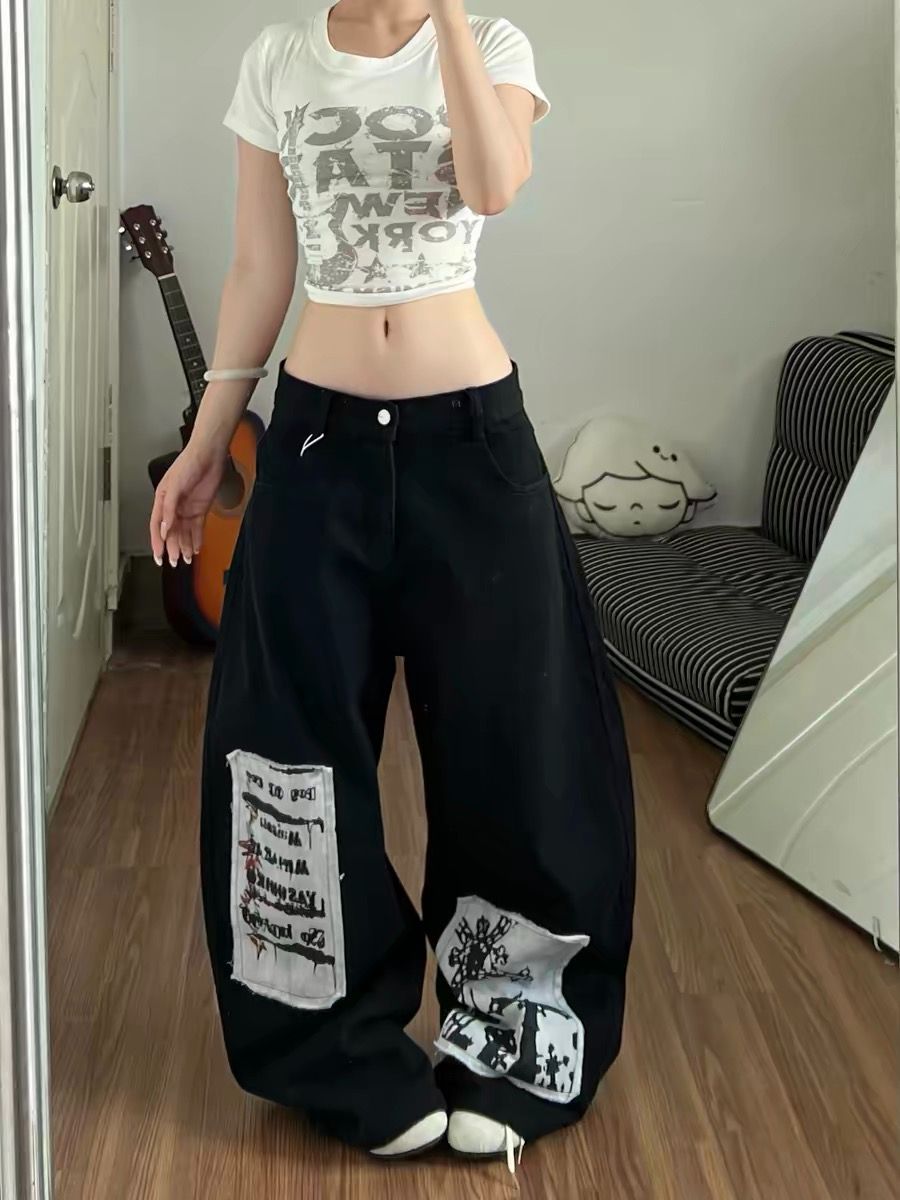검정색 모통이 칼 바지 알파벳 패치 자수 청바지 바지 여자 2026 여름 새로운 루즈핏 넓은 다리 길이 바지