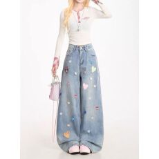 爱心贴布星星纽扣装饰牛仔裤女复古做旧水洗阔腿直筒裤子