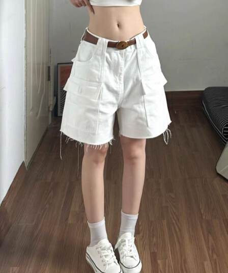 아메리칸 높음 거리 빅 포켓 거친 가장자리 워크웨어 5 점 반바지 여성 핫걸 루즈핏 느긋한 화이트 데님 넓은 다리 바지