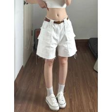 批发美式高街大口袋毛边工装五分短裤女辣妹宽松慵懒<b class='q'>白色</b>牛仔阔腿中裤