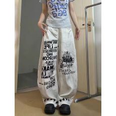 设计感做旧字母印花阔腿牛仔裤女夏薄款2026新款时尚显瘦弯刀裤子