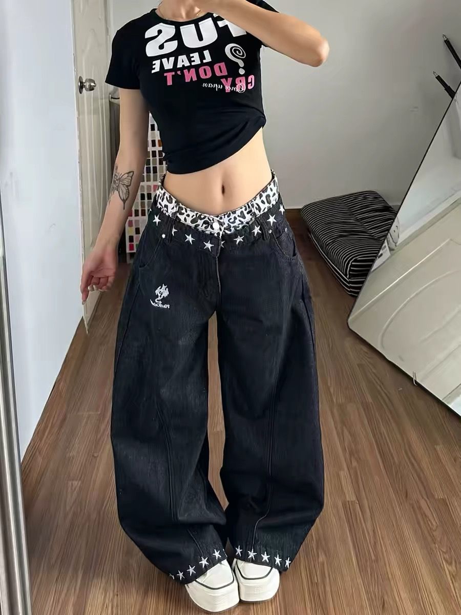 아메리칸 레트로 레오파드 무늬 패치워크 페이크 레이어드 청바지 남녀 커플 2026 여름 루즈핏 모통이 칼 바지 와이드 레그 팬츠