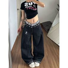 批发美式复古豹纹拼接假两件牛仔裤男女情侣2026<b class='q'>夏</b>季宽松弯刀裤阔腿裤