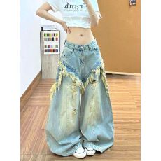 批发复古工装高腰阔腿牛仔裤女2026年新款做旧垂感弯刀裤废土风长裤