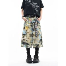 批发美式迷彩3D<b class='q'>印花</b>工装七分裤女夏季宽松多口袋直筒休闲短款男