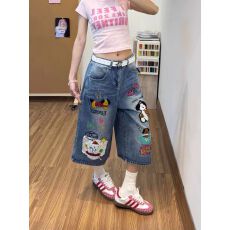批发美式卡通刺绣七分<b class='q'>牛仔裤</b>女款2026夏季新款宽松显瘦短款阔腿直筒裤