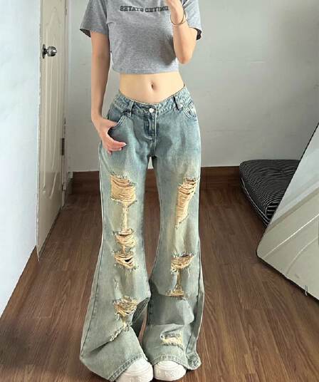 아메리칸 레트로 마 오래된 찢어진 부분 부츠컷 청바지 바지 여자 2026 여름 새로운 슬림해 보이는 몸매 가꾸기 나팔 바지