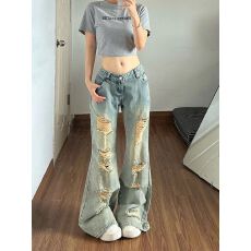 批发美式复古做旧破洞微喇<b class='q'>牛仔裤</b>裤子女款2026夏季新款显瘦修身喇叭裤