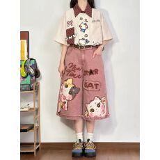 批发美式复古卡通刺绣牛仔七分裤女夏季宽松阔腿休闲短裤