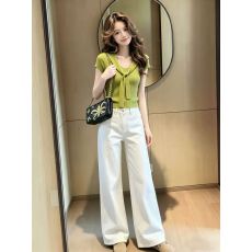 批发夏装减龄气质穿搭一整套<b class='q'>女</b>多巴胺绑带针织<b class='q'>短袖</b>T恤牛仔裤两件套装
