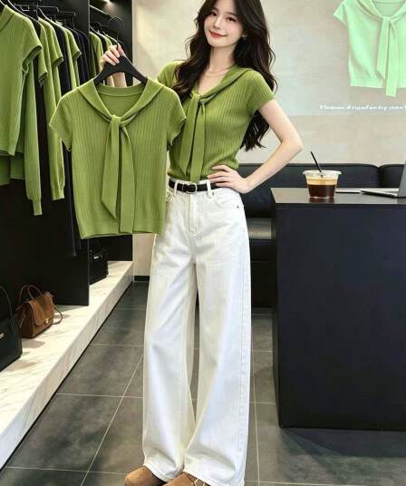 여름 전체 집합 ootd 착용 가져 가라. 품격 출퇴근 몸매 가꾸기 슬림해 보이는 녹색 페이크 레이어드 반팔 니트 스웨터 세트 바지