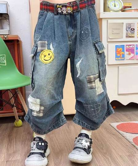 아메리칸 레트로 웃는 얼굴 패치 프린트 데님 7부 바지 남녀 디자인 센스 빅 포켓 마 오래된 워크웨어 팬츠