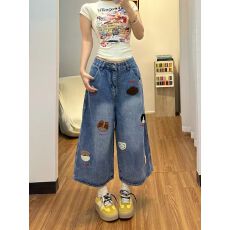 批发美式卡通风刺绣阔腿七分<b class='q'>牛仔裤</b>裤子女款2026夏季新款宽松直筒中裤
