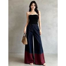 批发高街撞色拼接牛仔阔腿裤女夏季新款<b class='q'>高腰</b>宽松设计感拖地裤休闲长裤