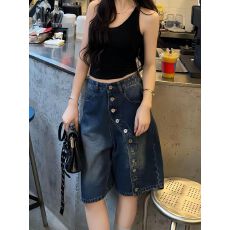 批发美式牛仔短裤女2026夏季薄款新款阔腿中裤显瘦<b class='q'>高腰</b>五分裤
